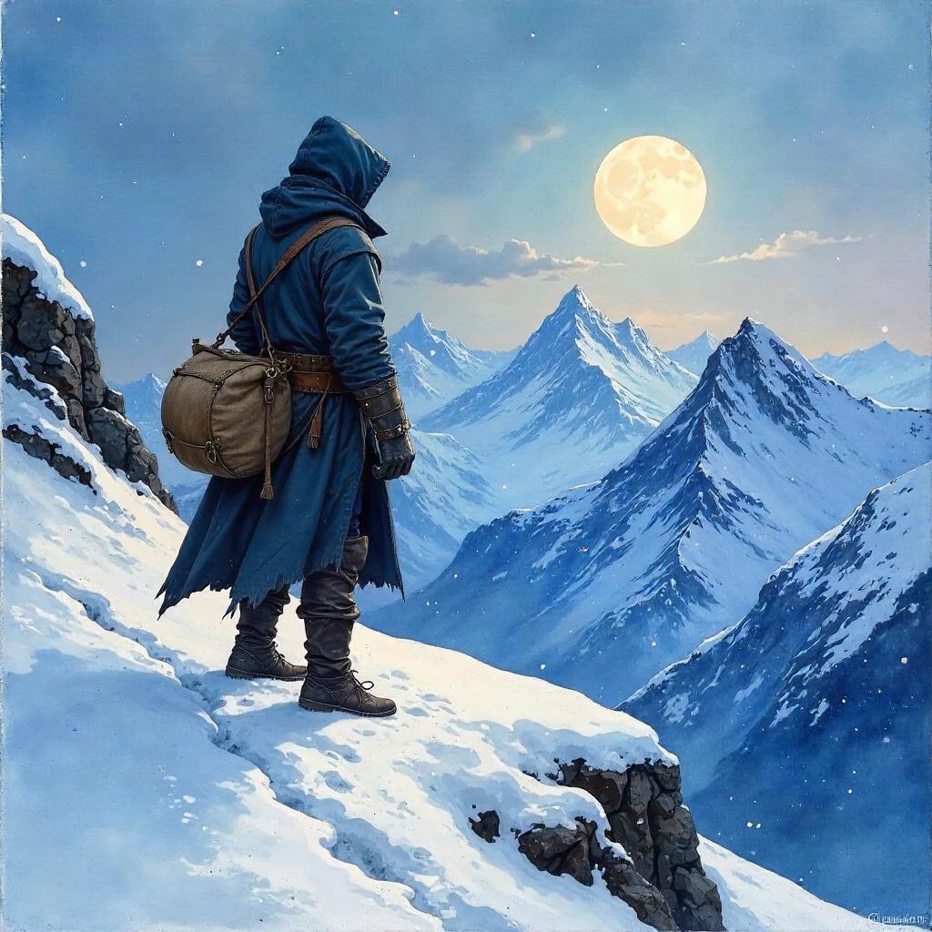 Watercolor Thief on a Snowy Mountain Summit
