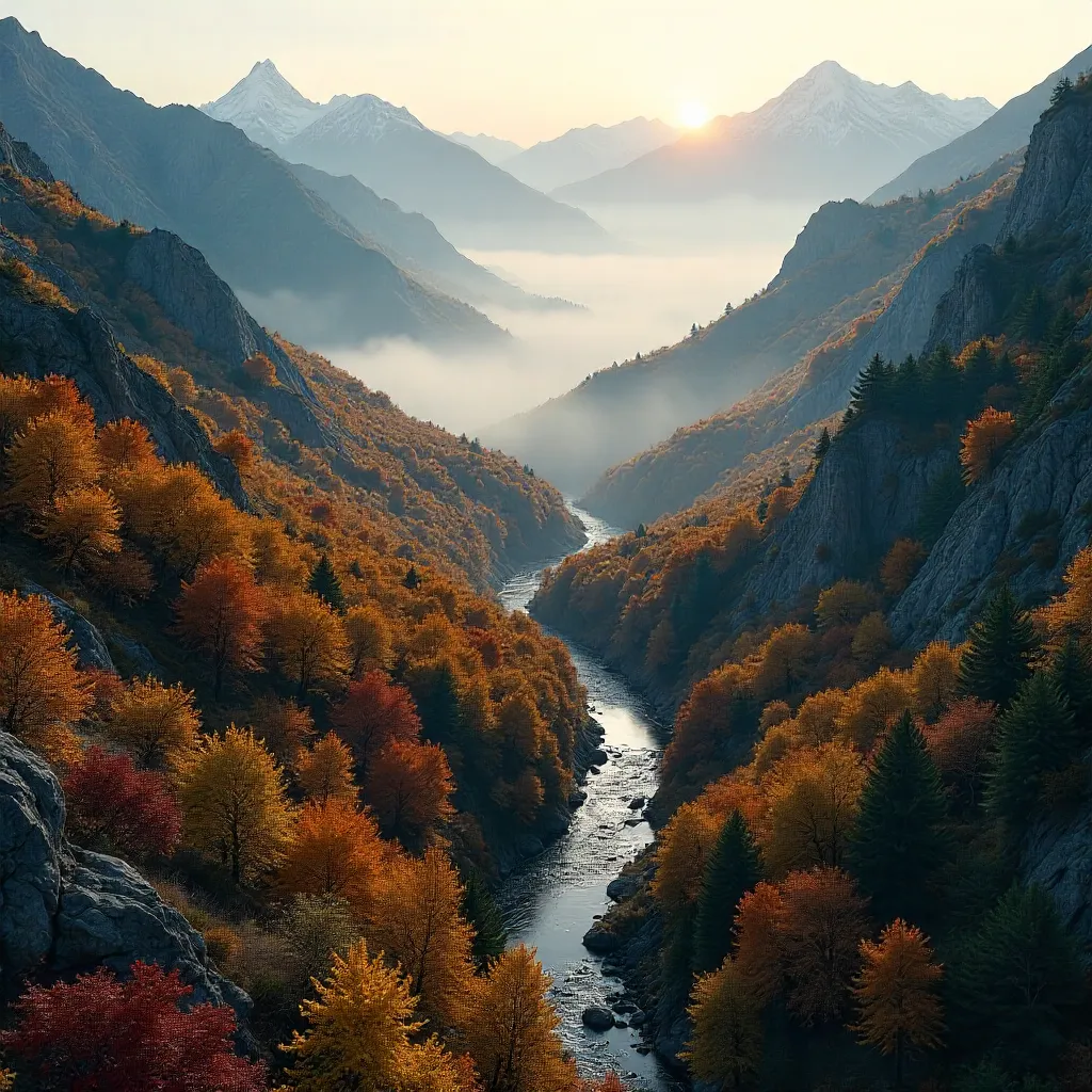 Aerial Misty Autumn Valley from Above