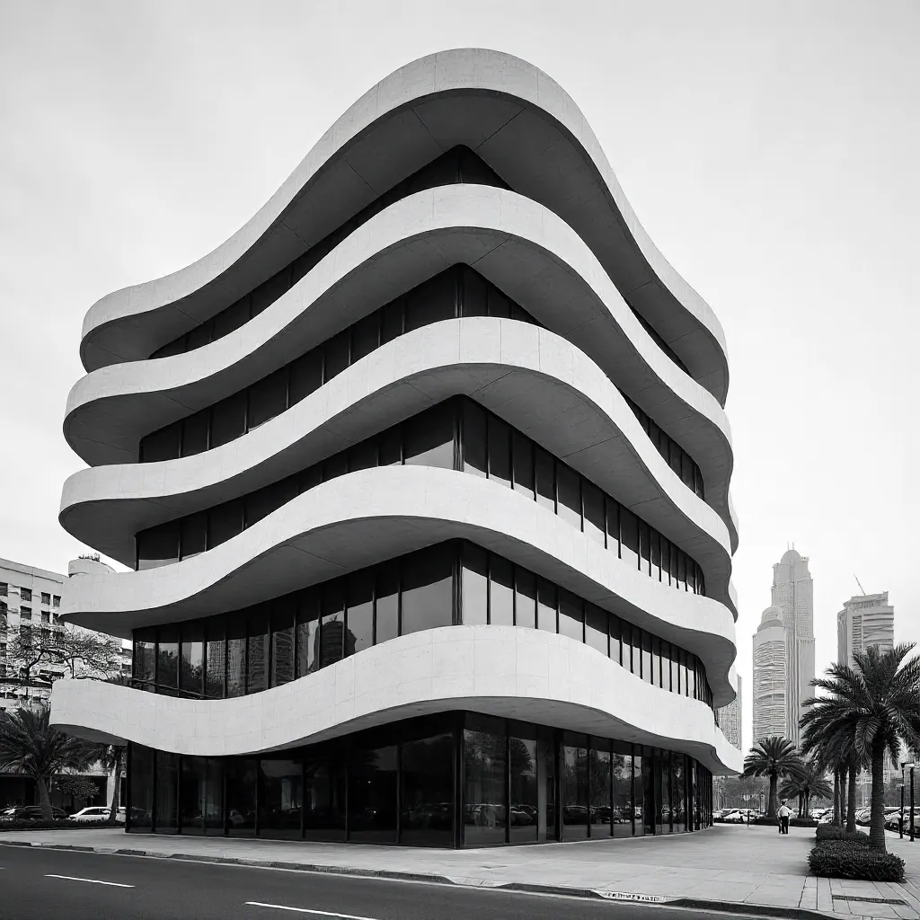 Monochrome Dubai Facade with Curved Balconies