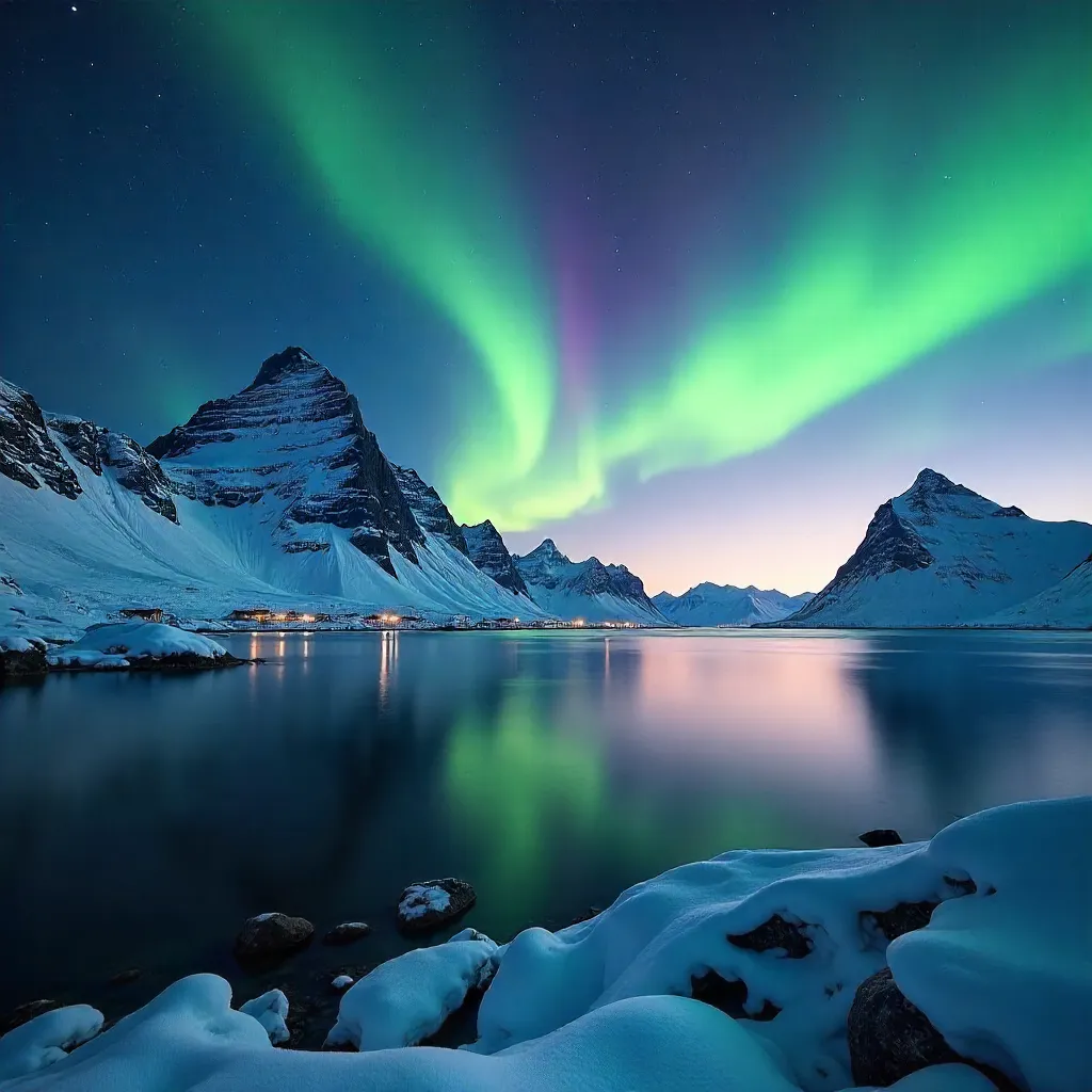 Aurora over Lofoten: Snowy Peaks and Serene Sea