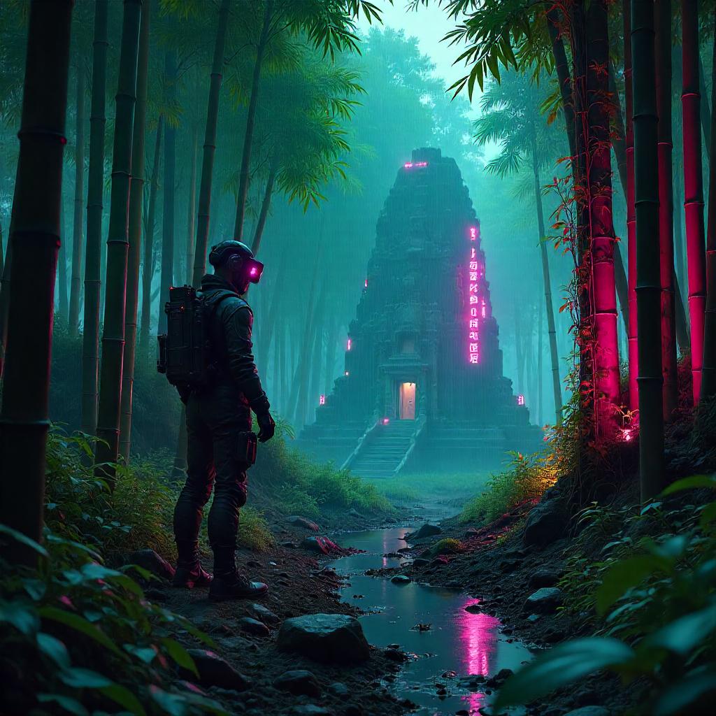 Cyberpunk Archaeologist in a Neon Bamboo Grove
