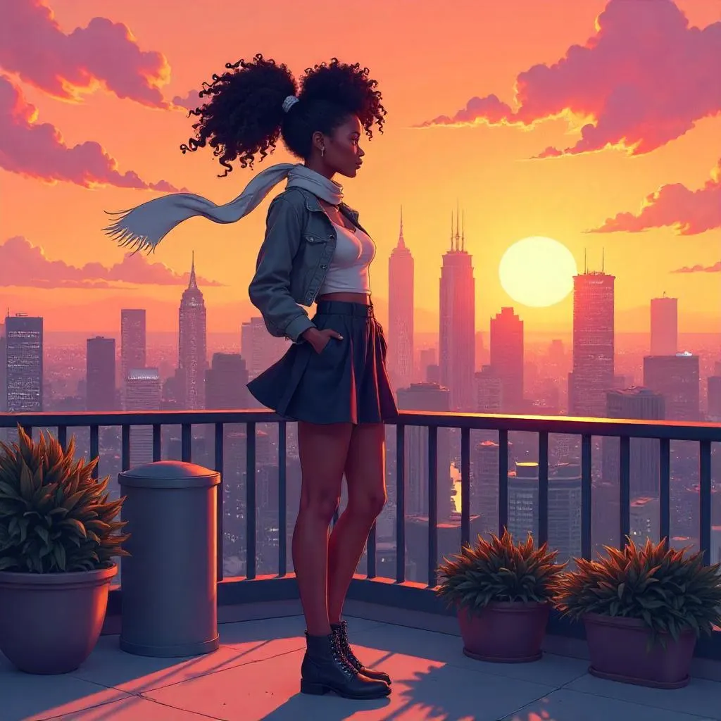 Rooftop Dawn: Anime Portrait of a Black Girl
