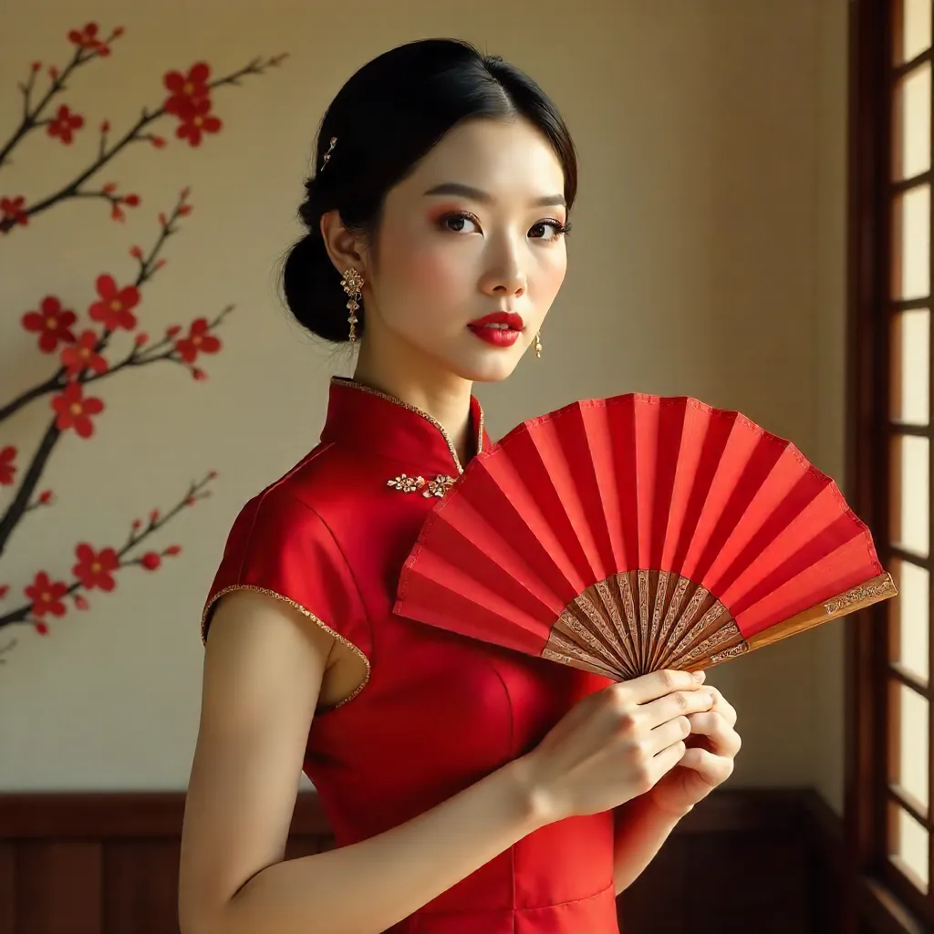 Elegant Asian Fashion Portrait with Red Fan