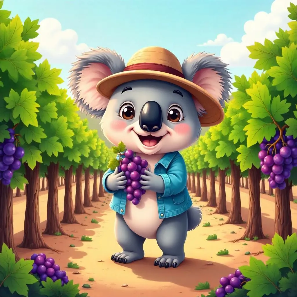 Adorable Cartoon Koala in a Sunlit Vineyard