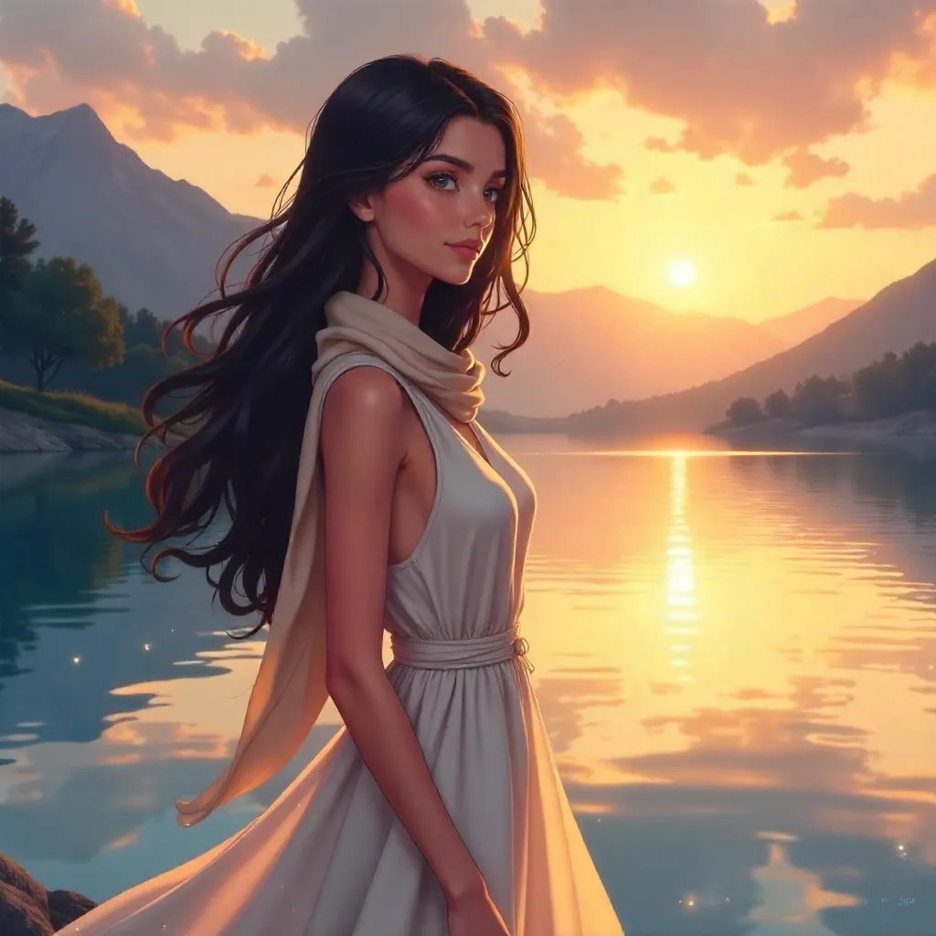 Serene Anime Portrait: Middle Eastern Woman by the Lake