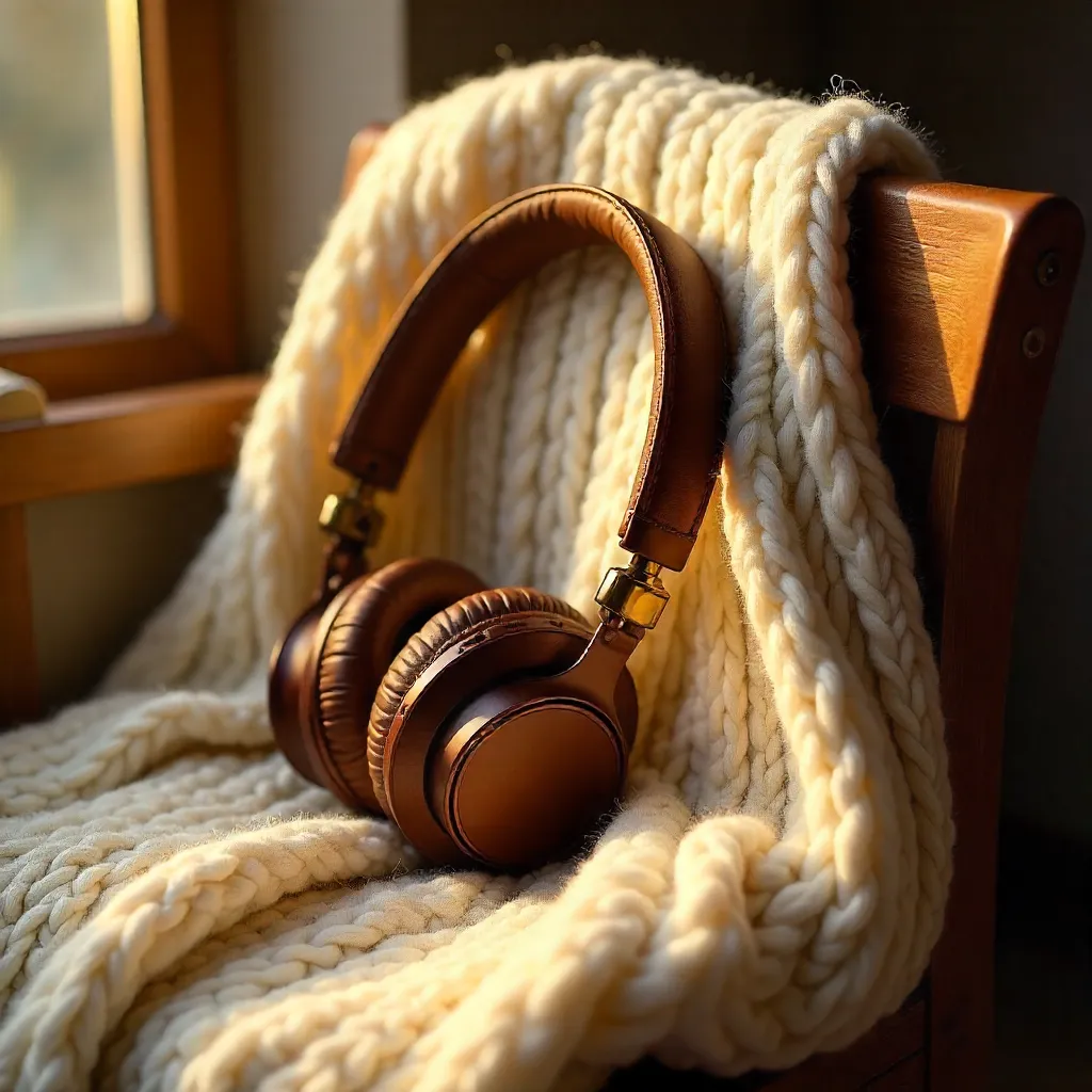 Cozy Knitted Sweater, Headphones, and Leather Bag