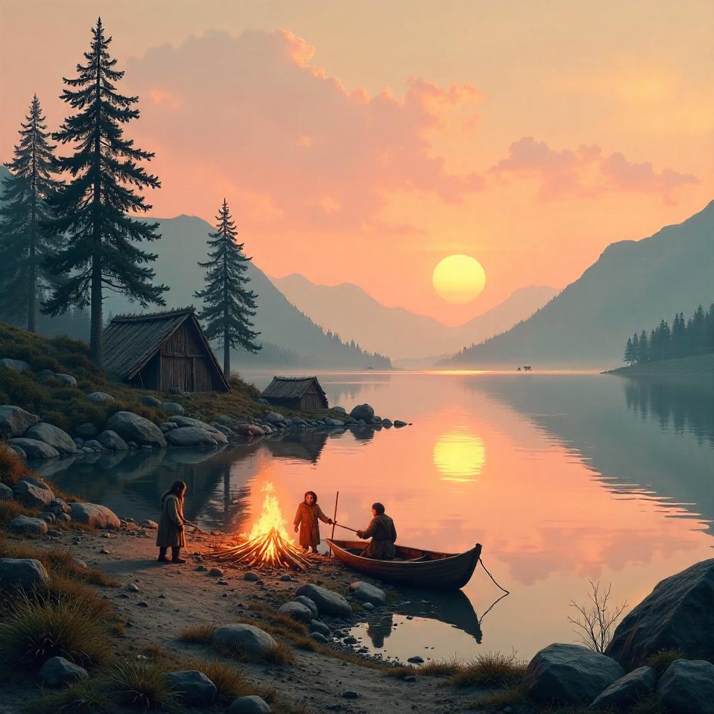 Stone Age Lake Landscape in Digital Art