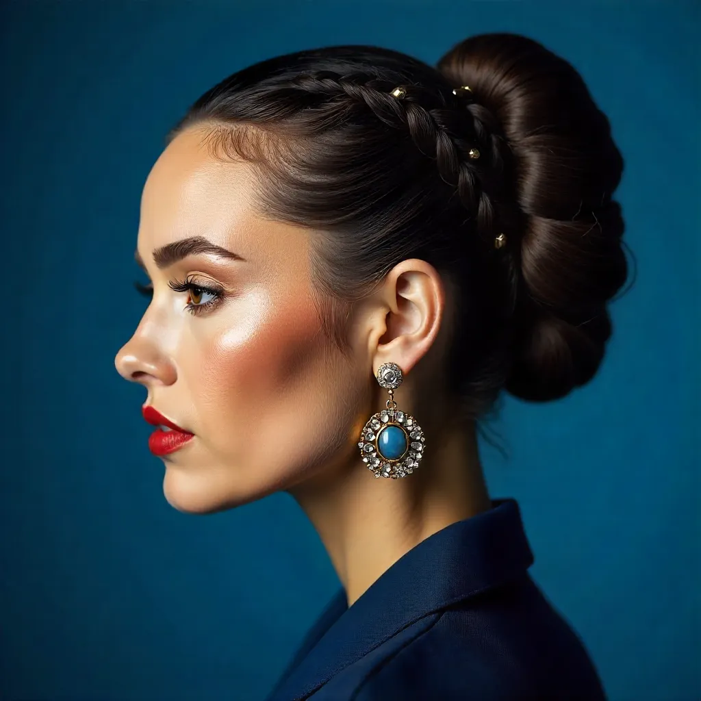 Portrait: Stylish Woman with Intricate Bun & Statement Earrings