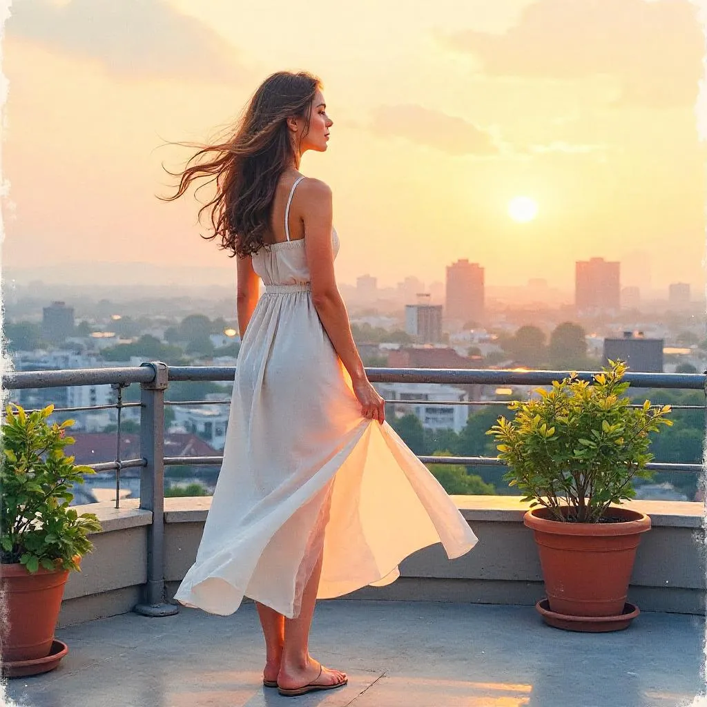 Watercolor Rooftop Portrait at Golden Hour