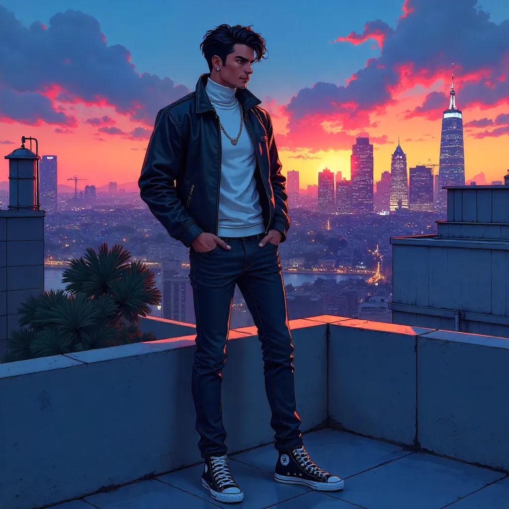 Latino Man on Rooftop - Anime Style