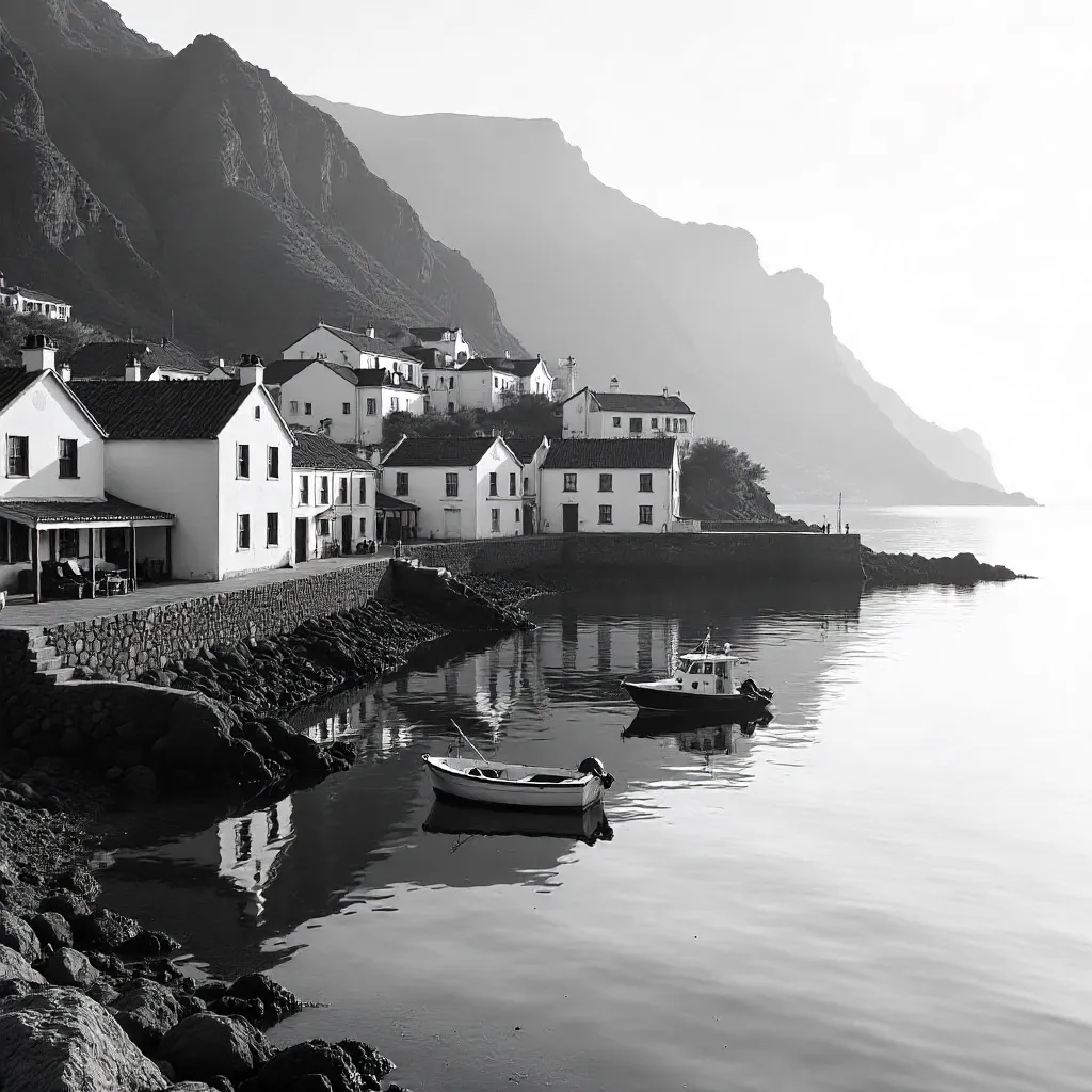 Monochrome Serenity: Madeira Coast Village Harbor
