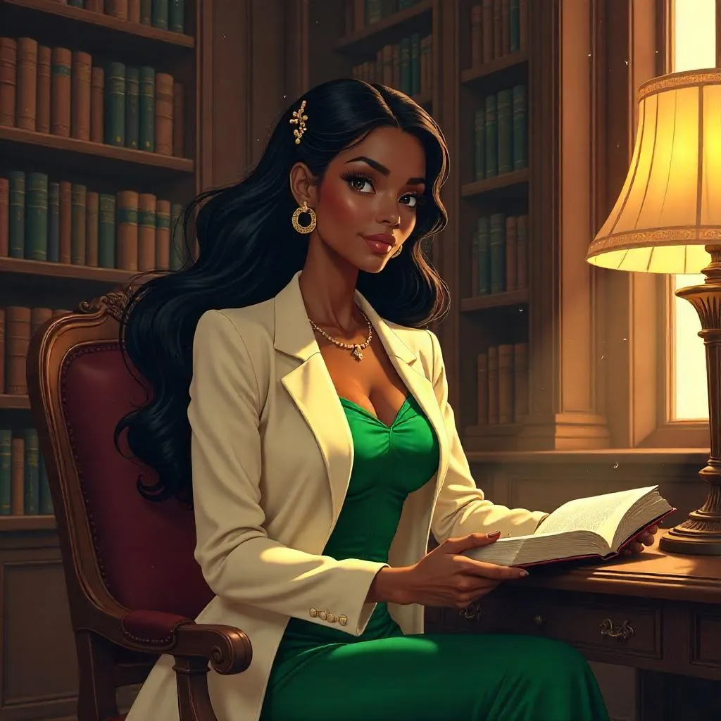 Elegant Black Woman in a Grand Anime Library