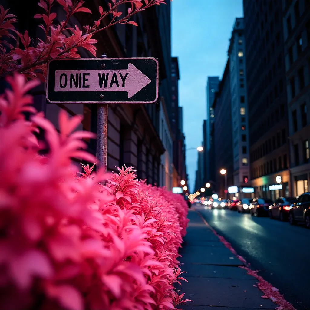 Infrared Foliage and One-Way Sign in NYC