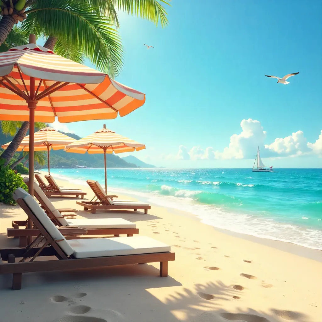 Sunlit Tranquil Beach with Umbrellas and Deck Chairs