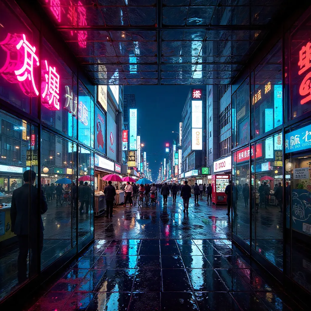 Kaleidoscopic Tokyo Street View Through Glass Entry