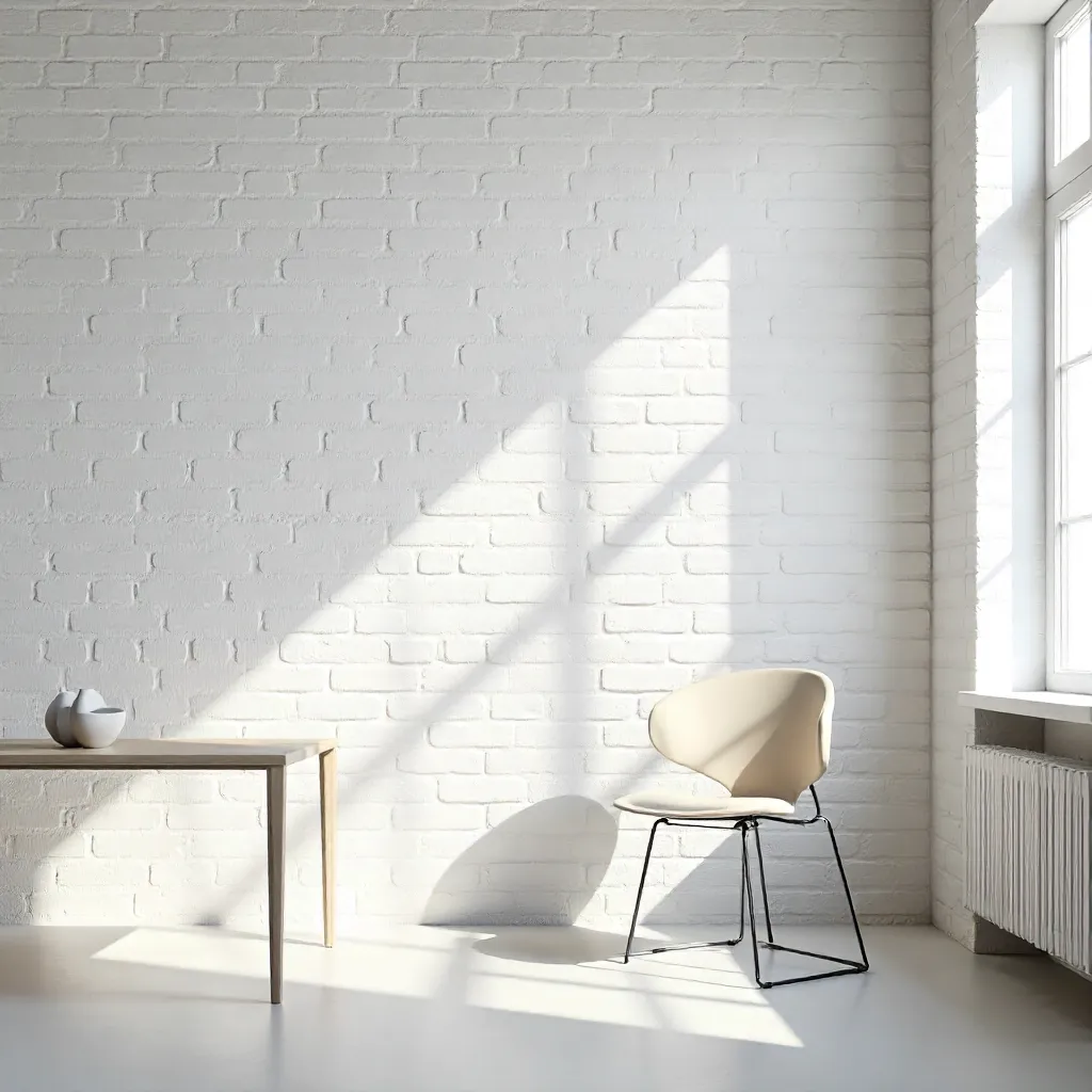 Shadowed Minimalism: White Brick Wall with Modern Chair and Table