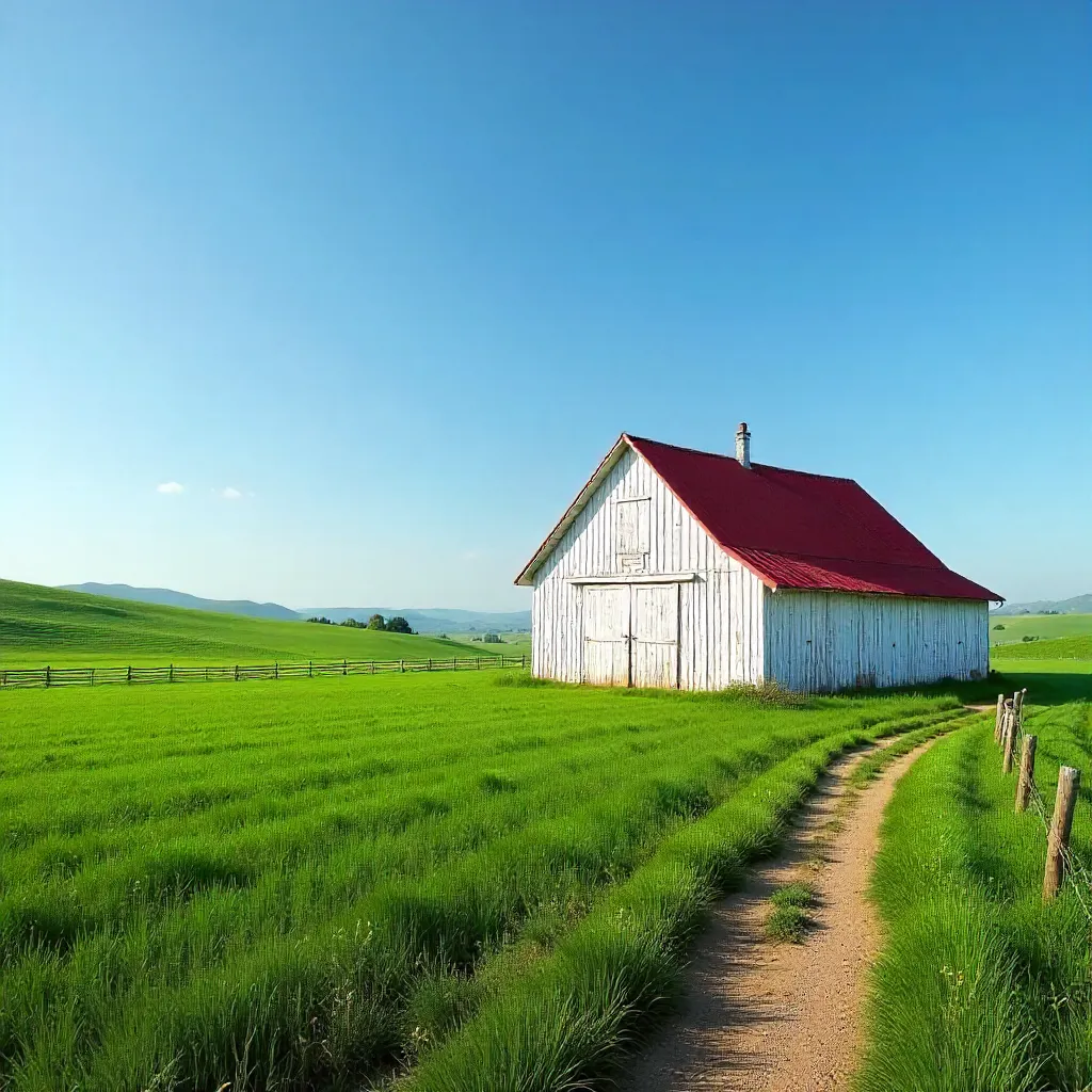Solitary White Barn in Emerald Fields Under Blue Sky