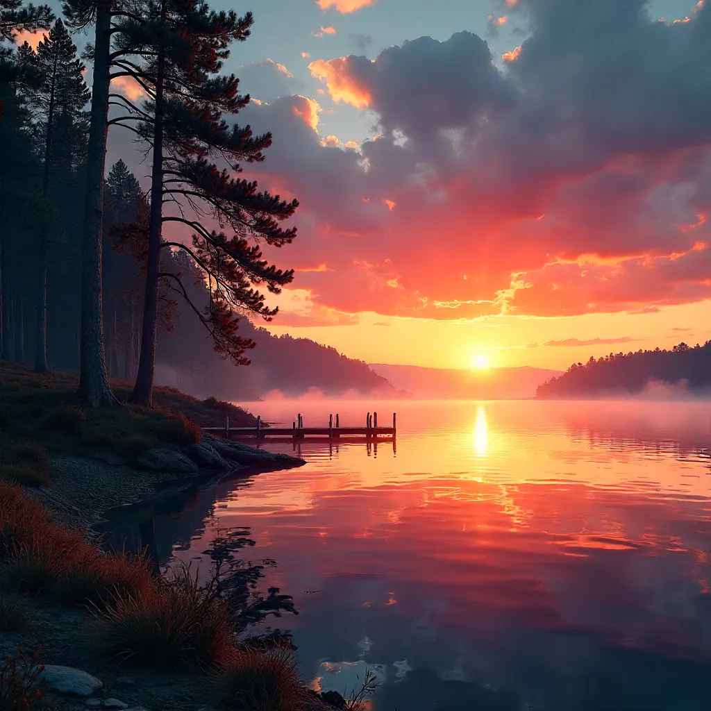 Dramatic Sunset Over a Tranquil Lakeside