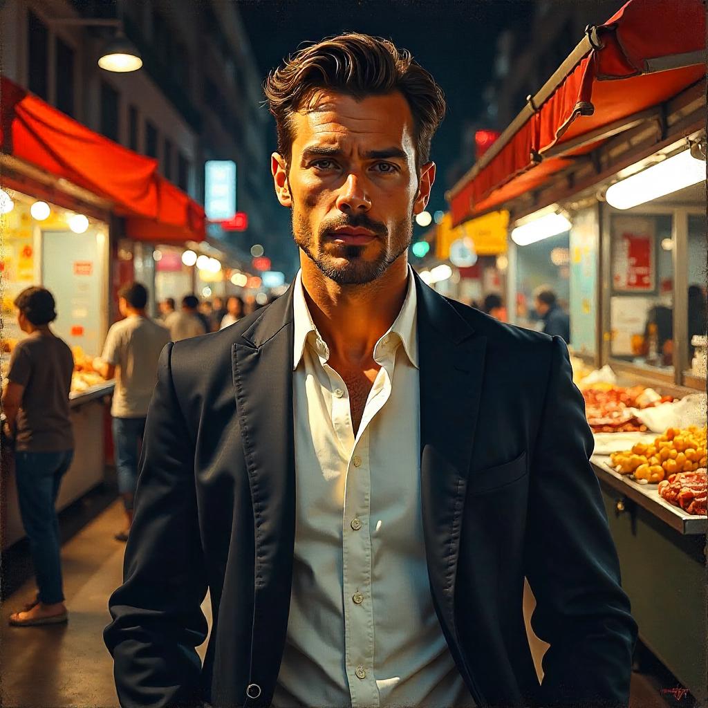 Handsome Man in an Oil Painting at a Food Court