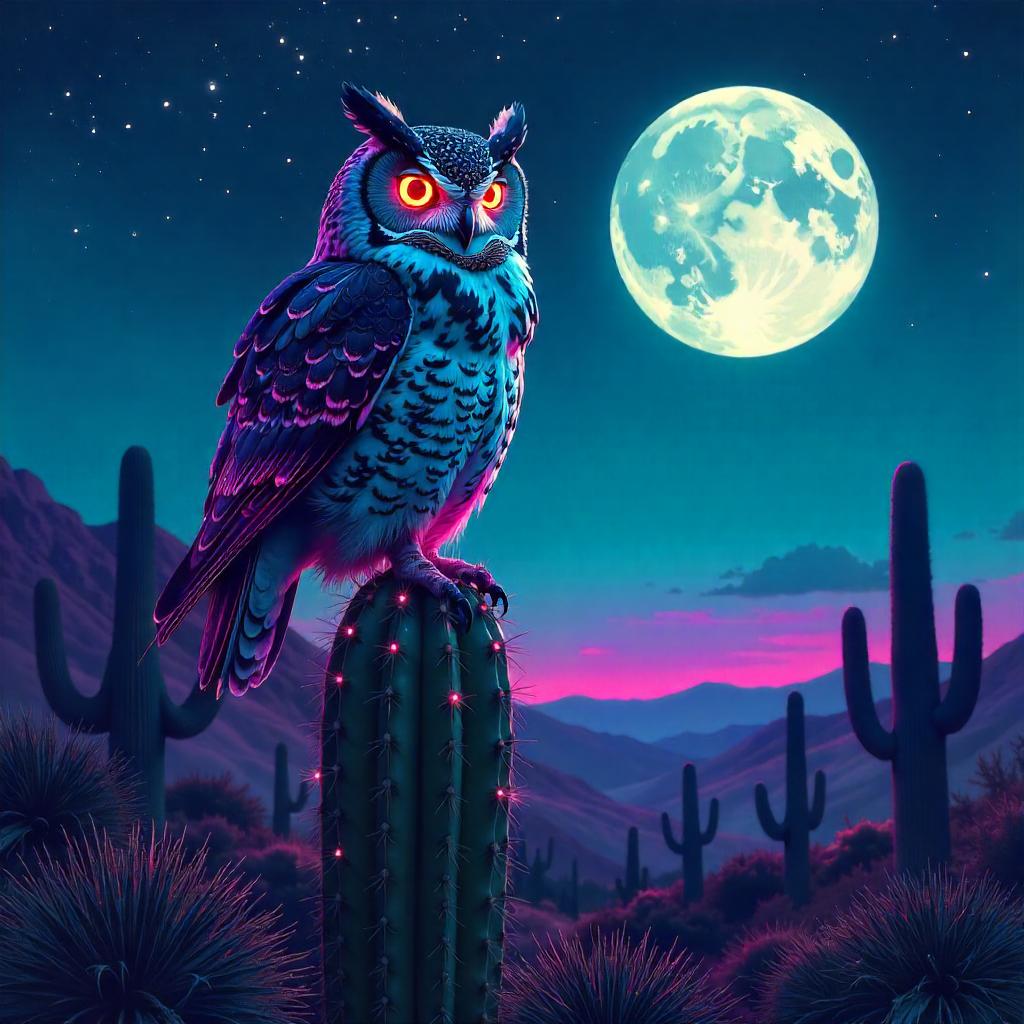 Owl Among Desert Cacti: Digital Dreamscape