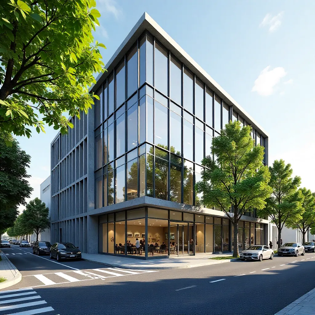 Photorealistic Contemporary Office Facade with Trees