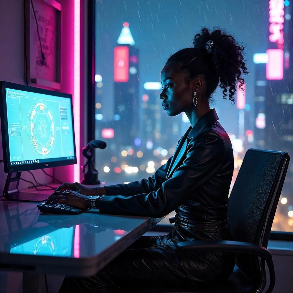 Elegant Black Woman in a Cyberpunk Workspace