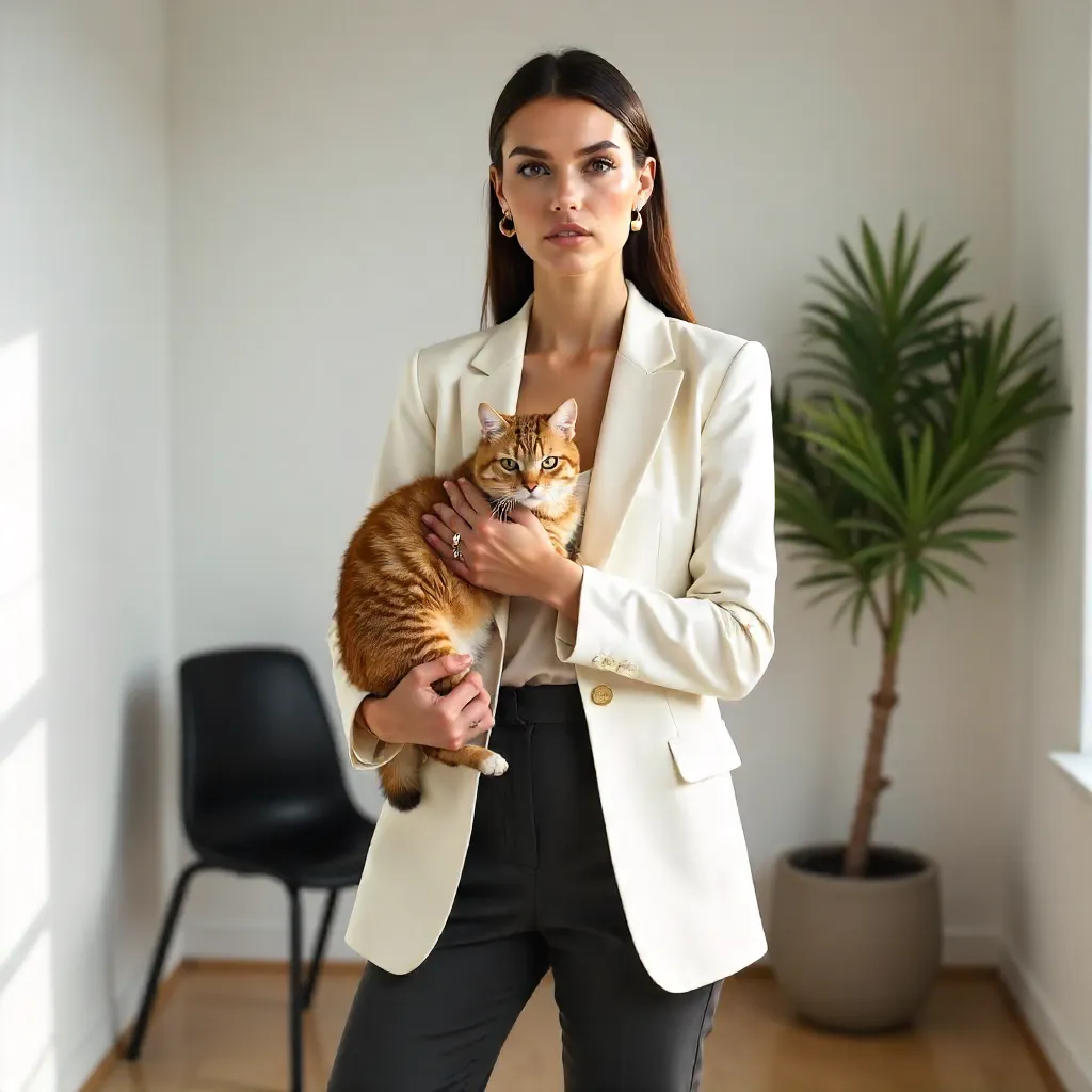 Poised Elegance: Woman with Cat in Minimalist Space