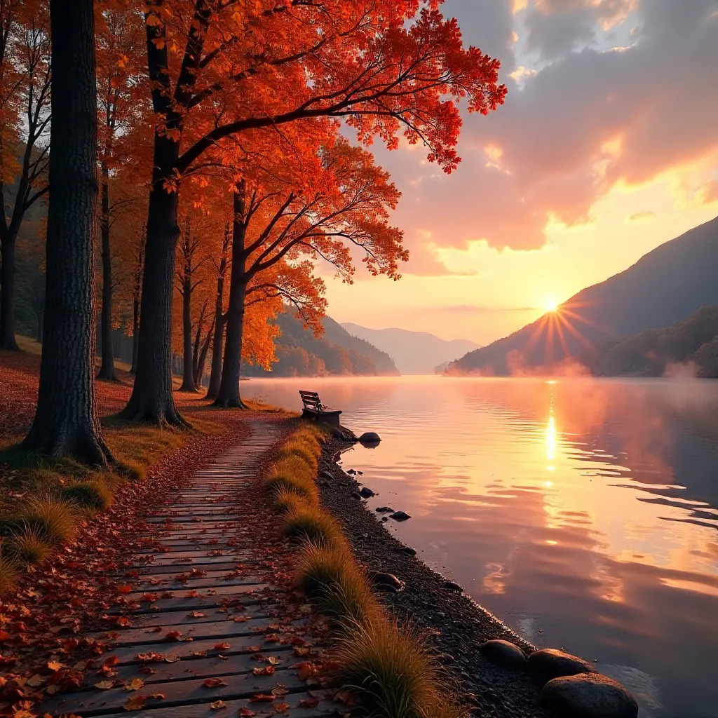 Autumn Forest by Tirana Lake at Sunset