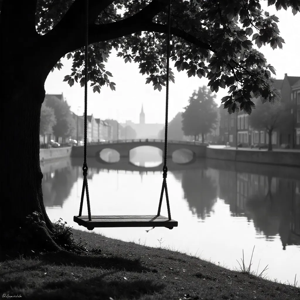 Tranquil Black-and-White Swing by Ghent's River