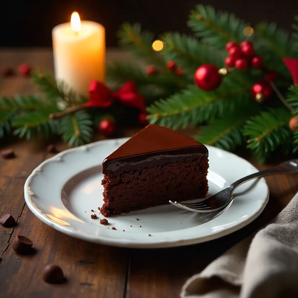 Candlelit Festive Chocolate Cake on Greenery Table