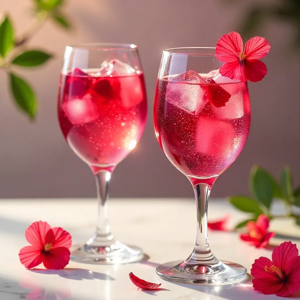 Two Elegant Hibiscus Tea Glasses with Petals