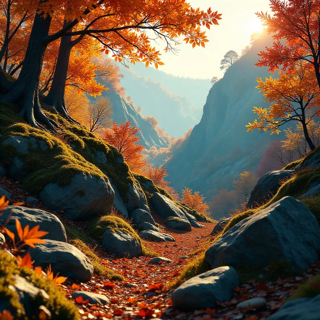 Sunlit Autumn on Rocky Terrain with Fiery Foliage