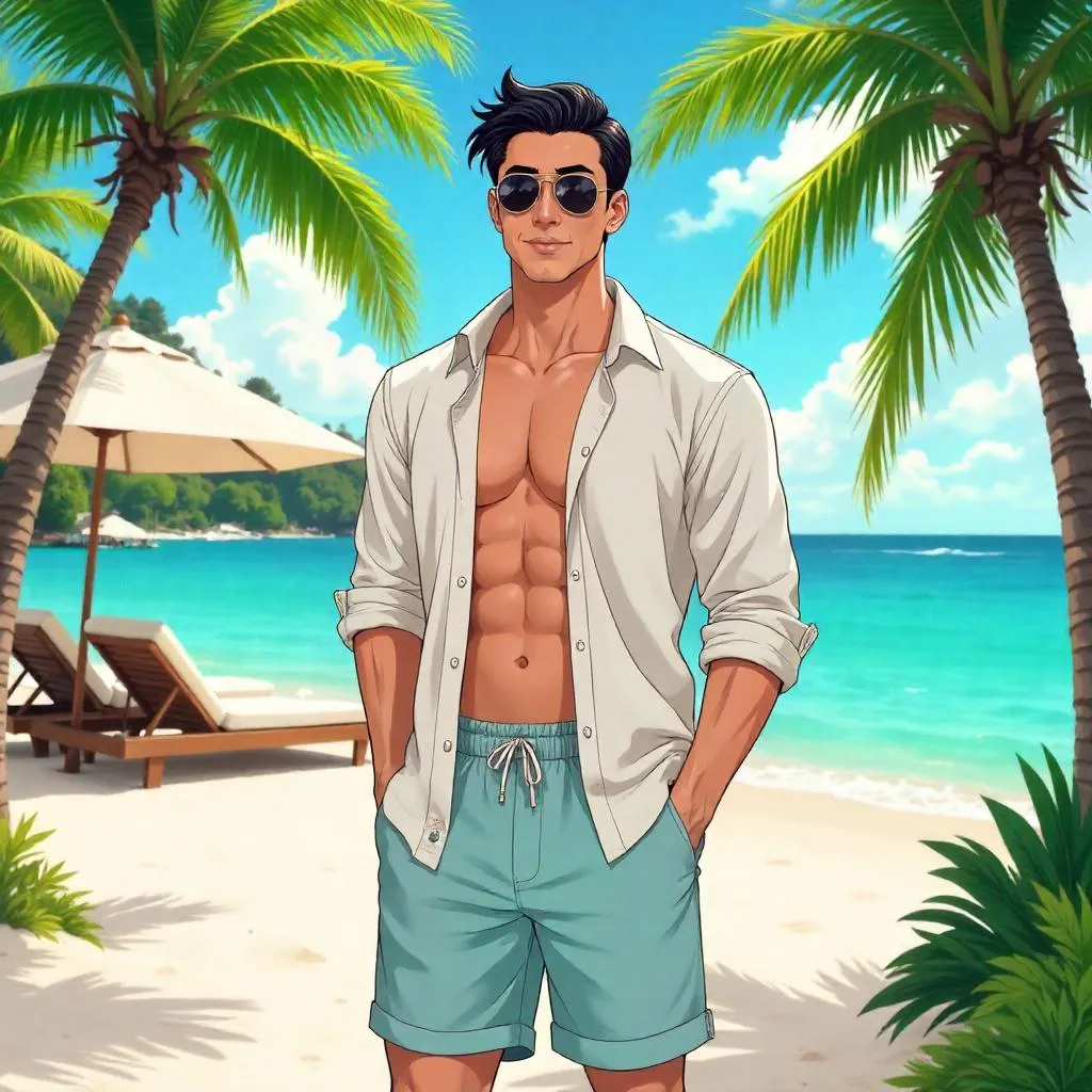 Stylish Asian Man at a Beach Resort - Anime Style