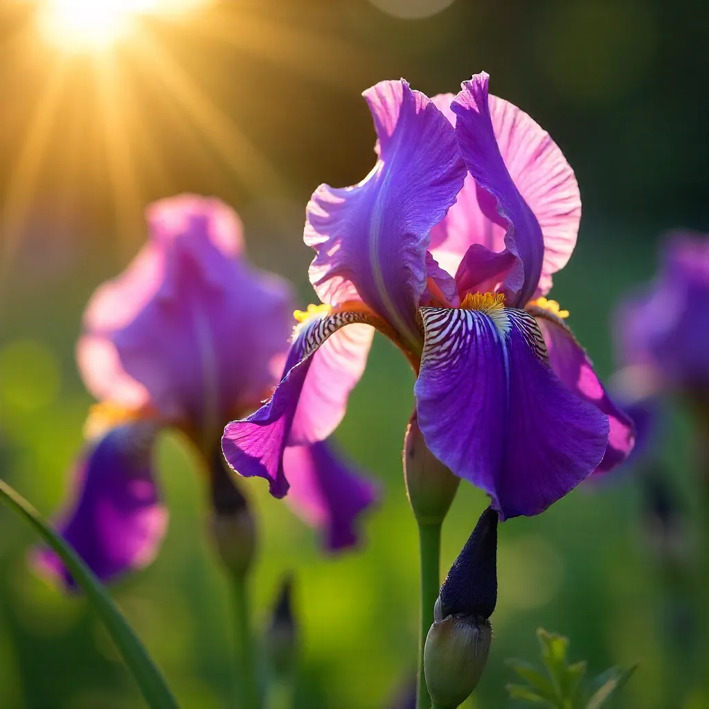 Sunlit Close-Up of Purple Iris in Garden