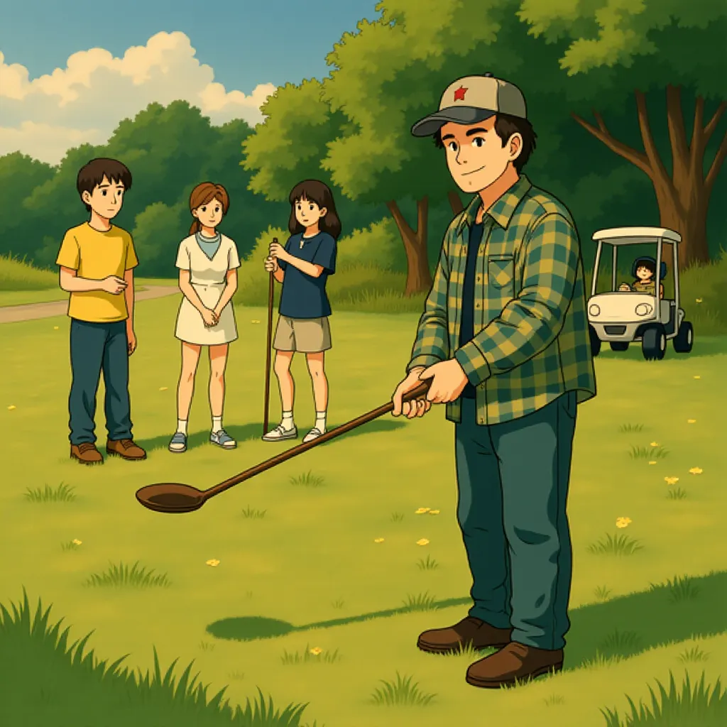 Adam Sandler, Eric Andre, Martin Herlihy, and Margaret Qualley in Happy Gilmore 2 (2025) - Ghibli style