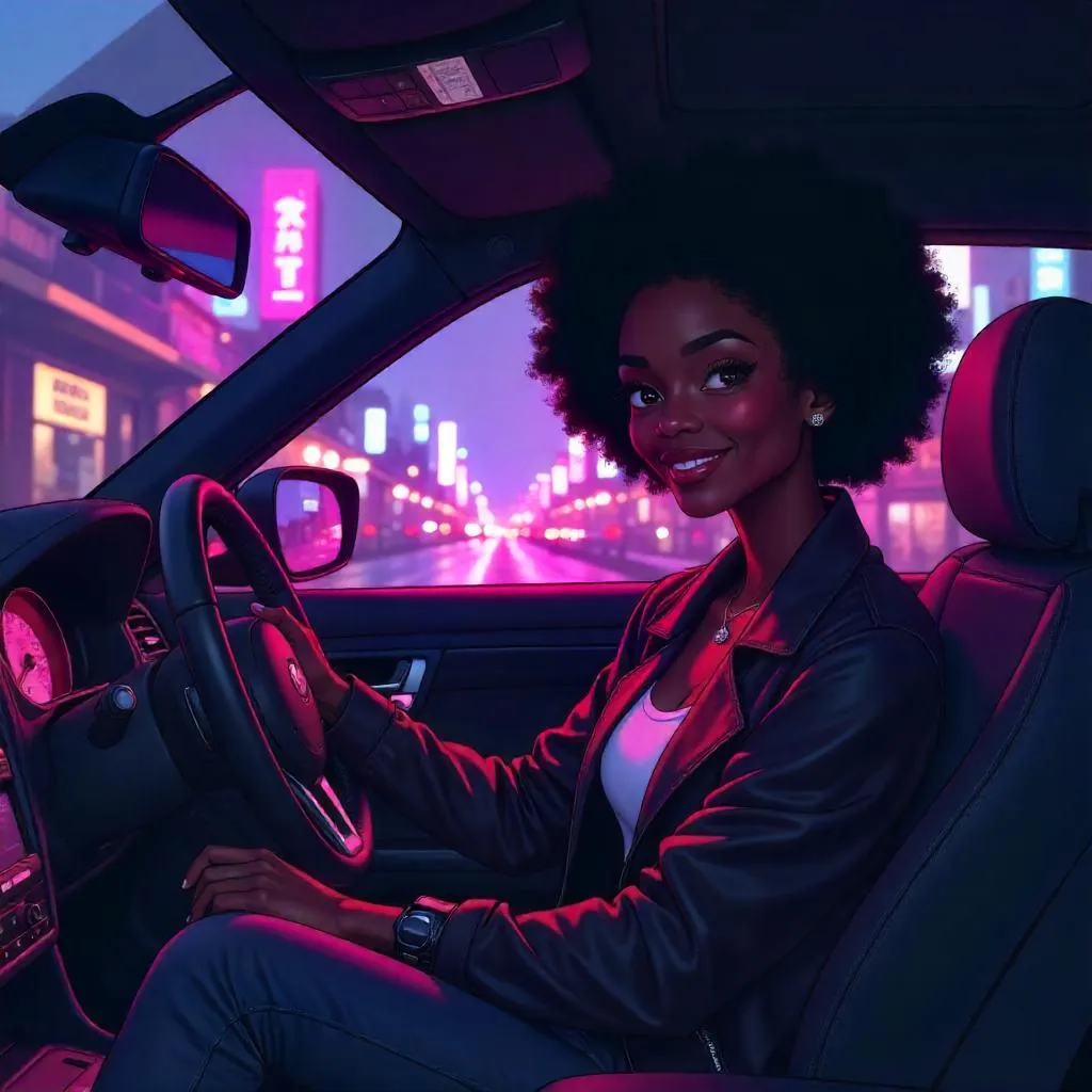 Neon City Night: Anime Beauty in a Car