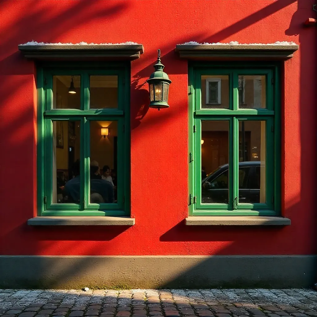 Stockholm Red Wall with Green Windows and Lantern