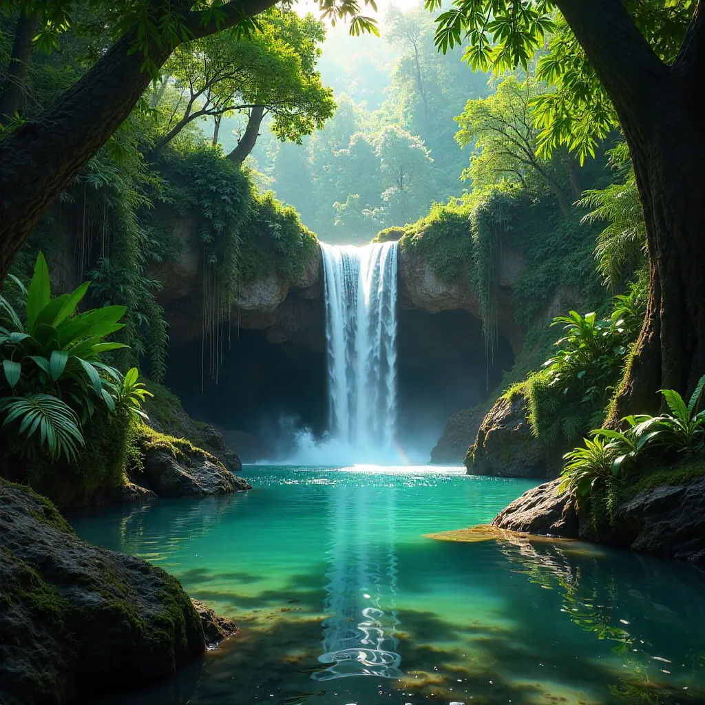 Tranquil Waterfall into Turquoise Pool
