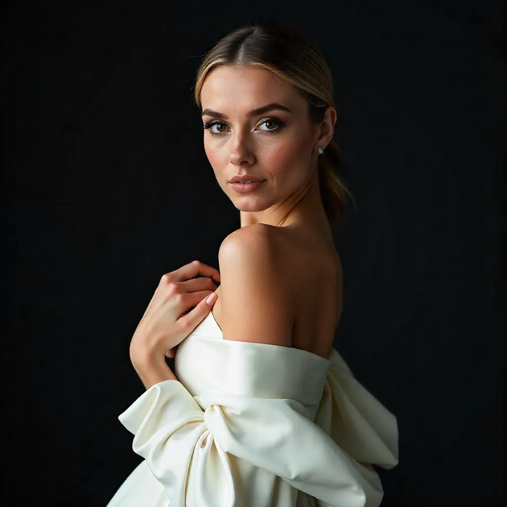 Chic Portrait: Woman in White Dress on Dark Backdrop