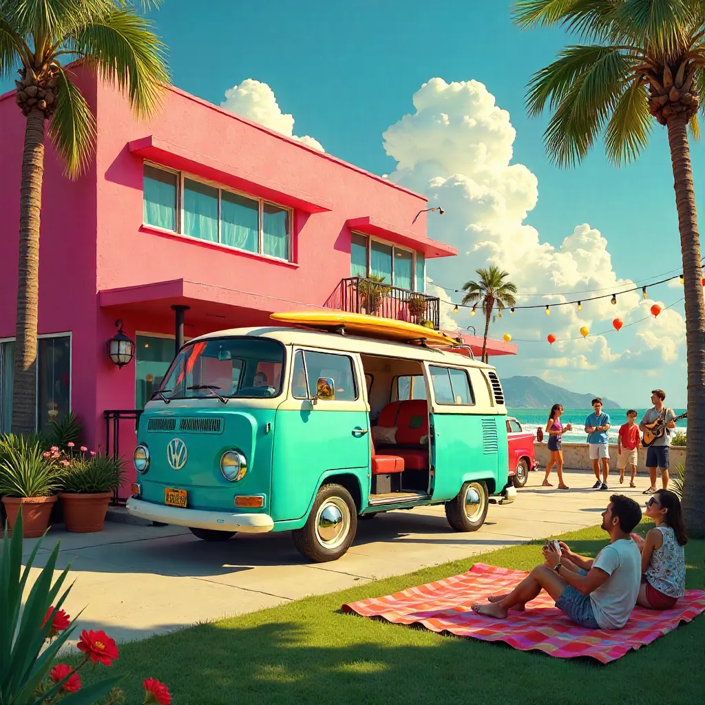 Colorful retro van by pink building outdoor scene