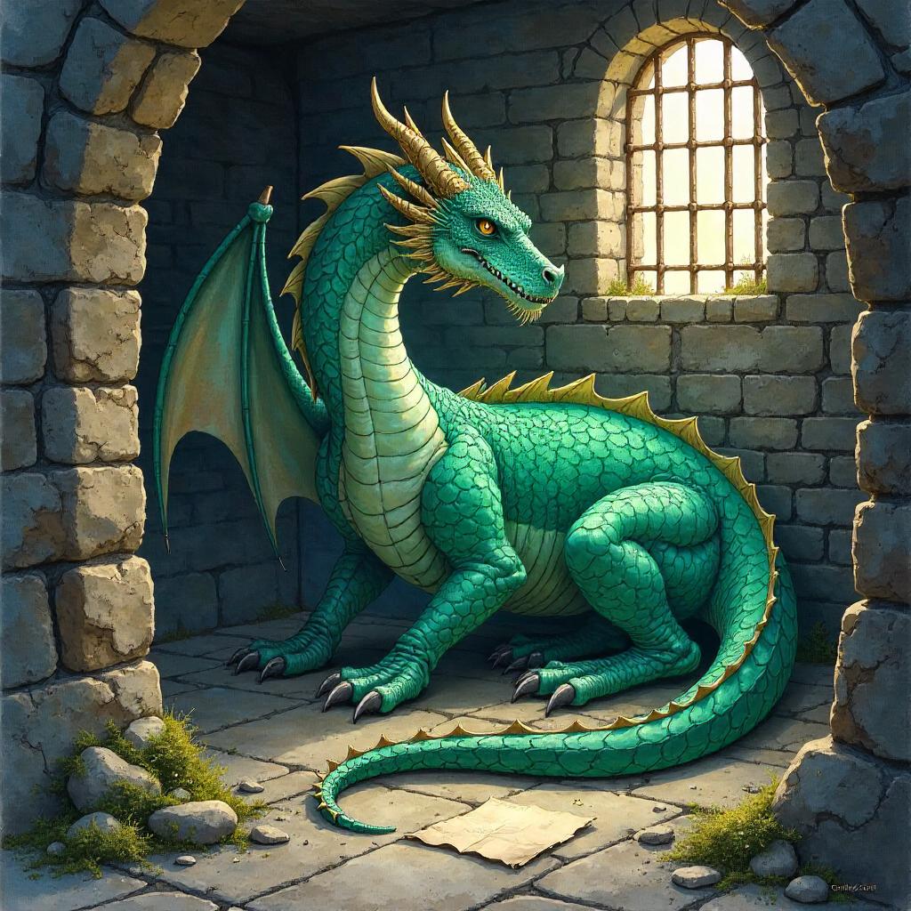 Watercolor Dragon Caged in a Damp Prison Cell
