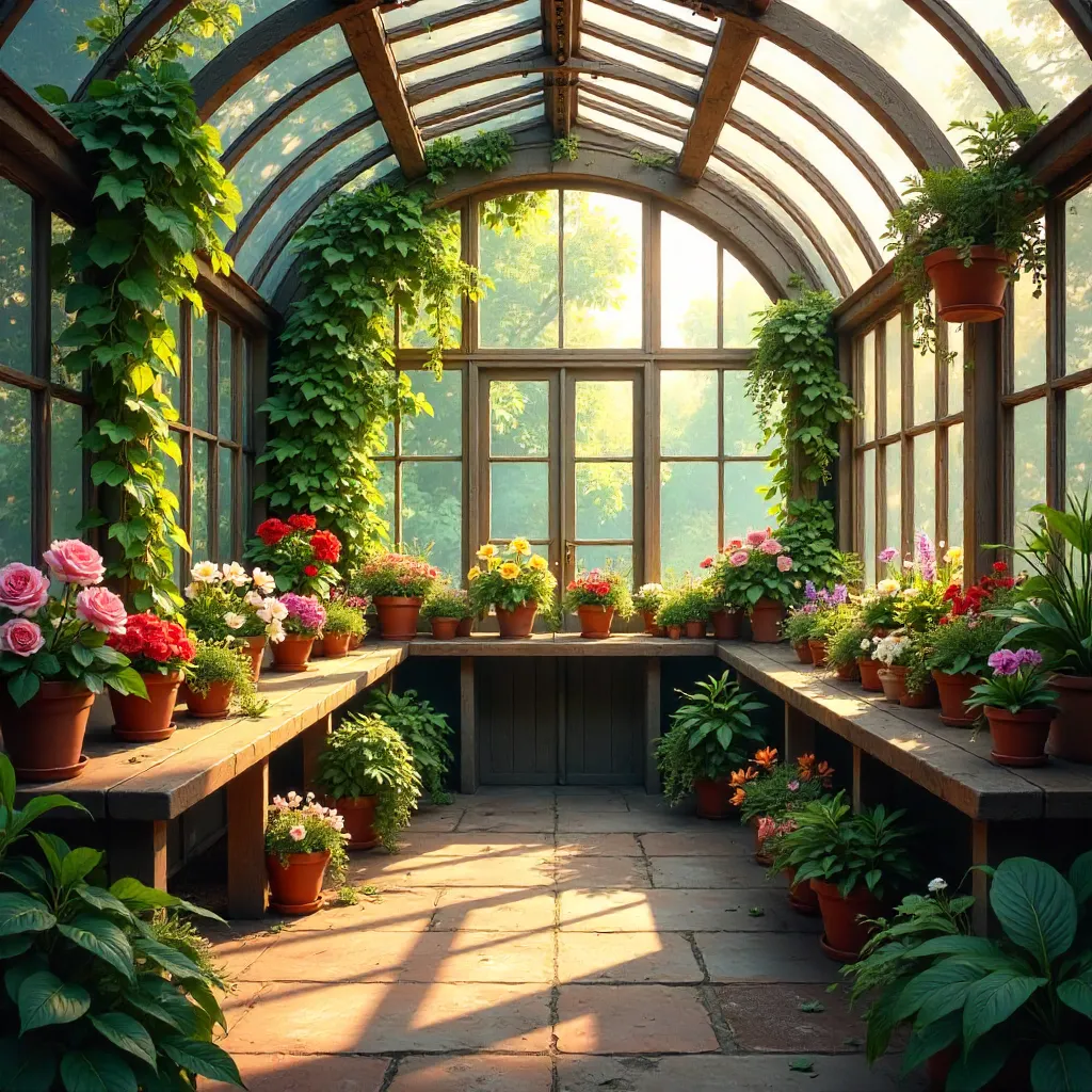 Sunlit Vintage Greenhouse: Blooms and Greenery