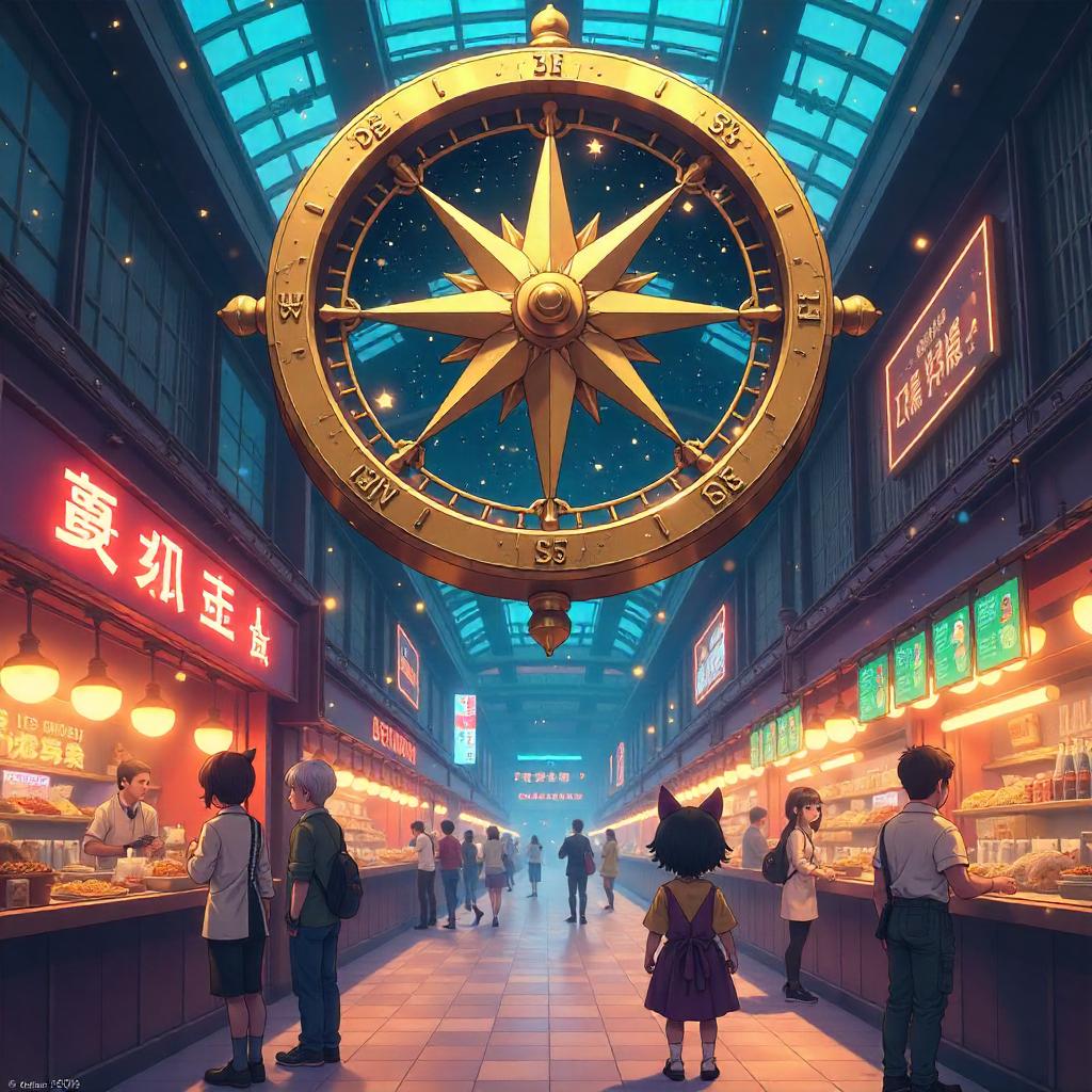 Celestial Compass in a Neon Food Court