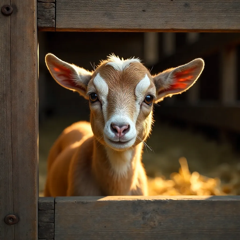 Curious kid goat peeking through wooden barn fence
