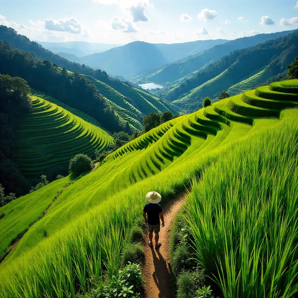Aerial Lone Farmer Over Bengkulu Rice Terraces
