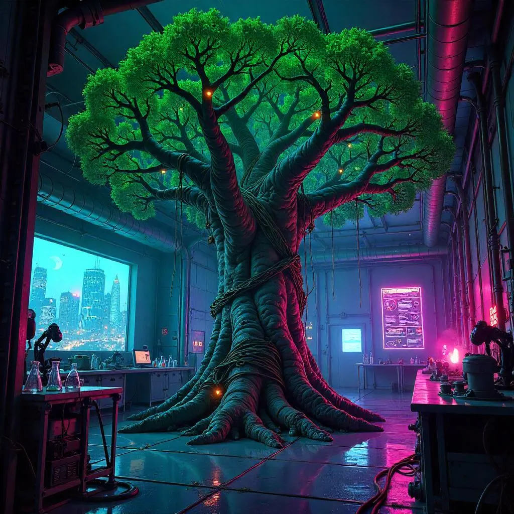 Neon Cyberpunk Tree in a Mad Scientist Lab