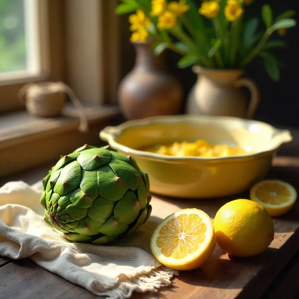 Rustic Still Life: Artichokes, Lemons, and Floral Casserole