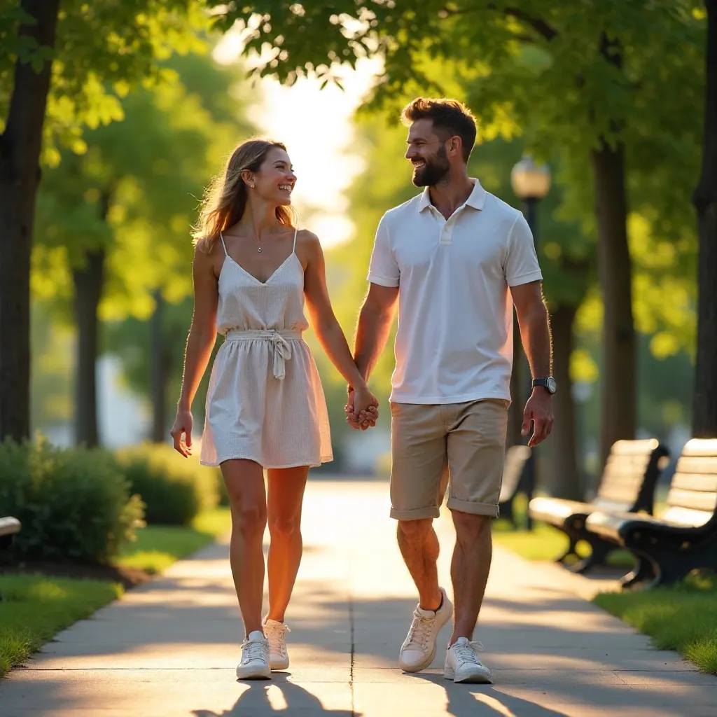 Sunny Day Stroll: Happy Couple on an Outdoor Walkway