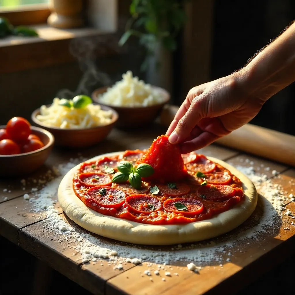 Fresh Pizza Dough Prep with Sauce, Cheese & Meats
