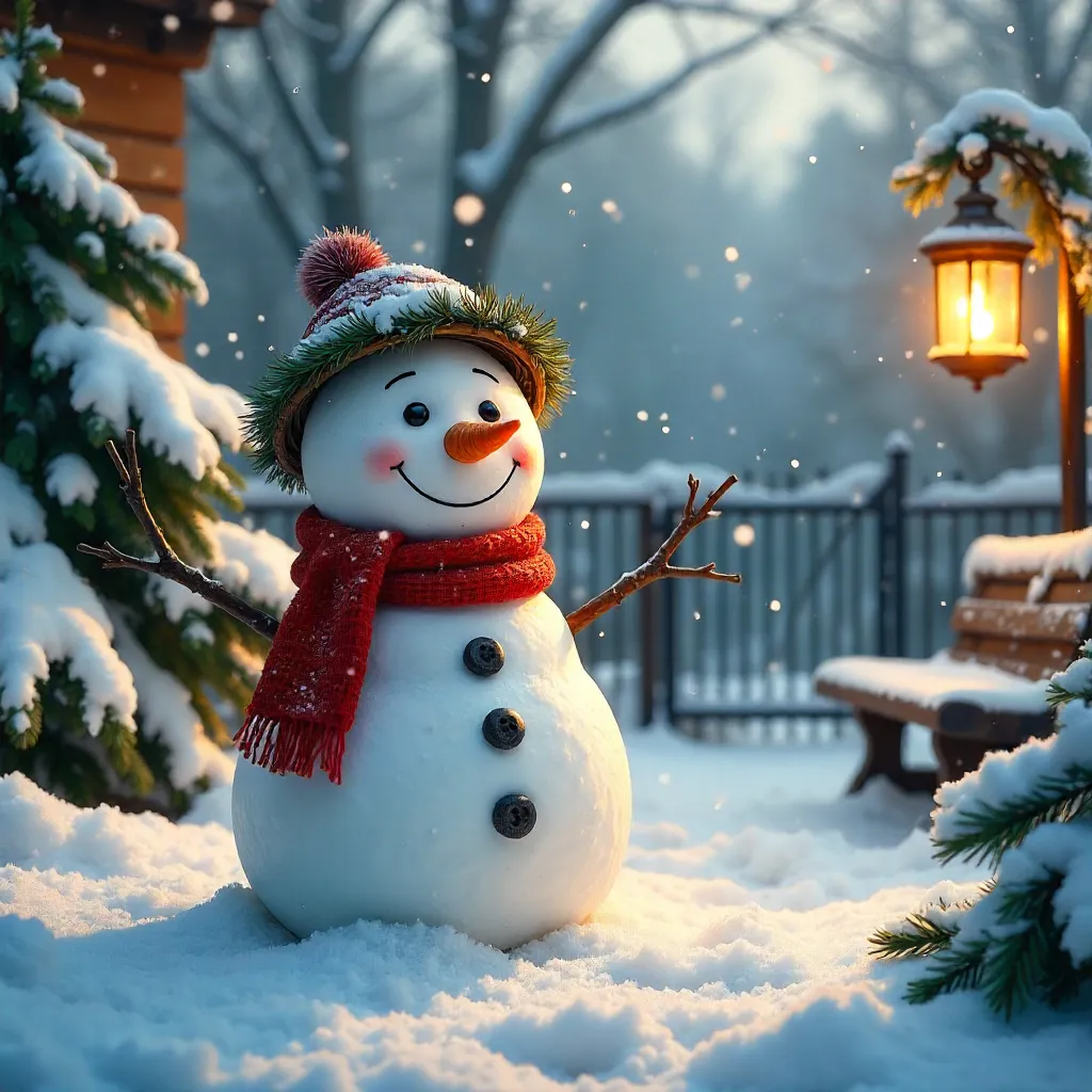Charming Snowman with Pine Twig Hair in Snowy Garden